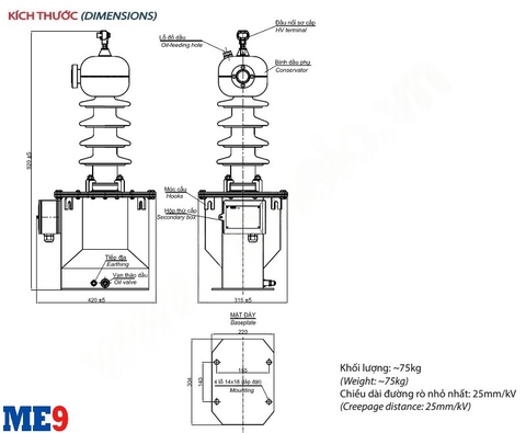 Máy biến áp cấp nguồn ngâm dầu 22kV 1 sứ Emic