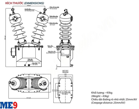 Máy biến áp cấp nguồn ngâm dầu 22kV 2 sứ Emic