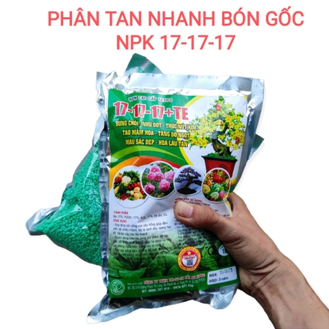 Phân Bón Gốc tan nhanh - Npk 17-17-17 dinh dưỡng đầy đủ cho mọi cây trồng, vọt đọt mạnh, gói1 ký