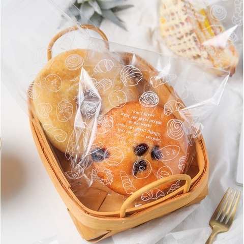 Túi Dán Nilon Đựng Bánh Mì Ngọt In Hình trong suốt (100 cái) dài 18cm, ngang 15cm, dán miệng 3cm