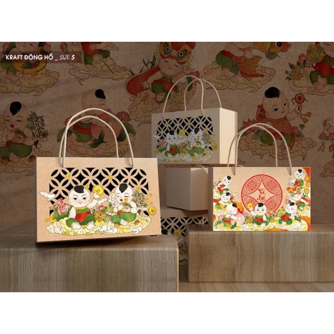 Set 5 Hộp quà tết kraft ĐÔNG HỒ - HƯƠNG SƠN đựng được 2,4,6 hủ nhựa hàng có sẵn siêu xinh