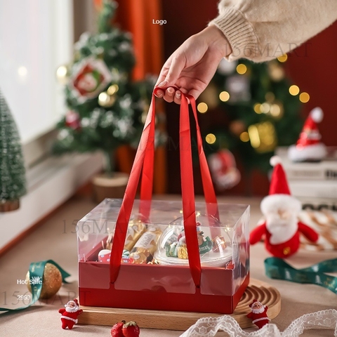 Hộp Mica 2 ngăn kèm dây quai xách đựng quà dịp lễ giáng sinh, sinh nhật  (24*16,7*13,5cm)