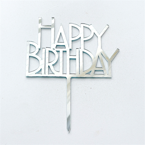 Topper mica HPBD CHỮ IN NÉT DÀI màu bạc