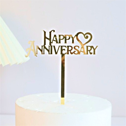 Topper mica Anniversary chữ IN hoa trái tim VÀNG (mã mới)