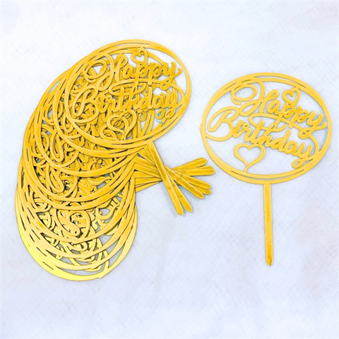 Topper mica Set 10 que HPBD 2 vòng tròn 2 TIM RỖNG vàng