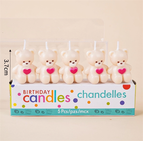Nến GẤU TRẮNG tim hồng vỉ 5 que size to