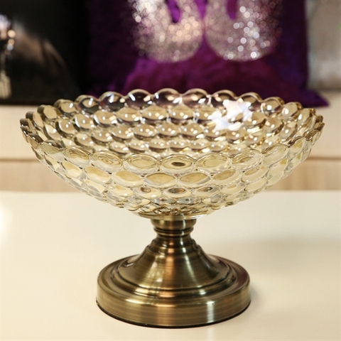 Khay hoa quả thuỷ tinh (bong bóng nước) đế hợp kim 23,5*15cm