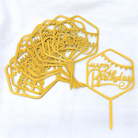 Topper mica Set 10 que HPBD đa giác dải cờ HPBD vàng