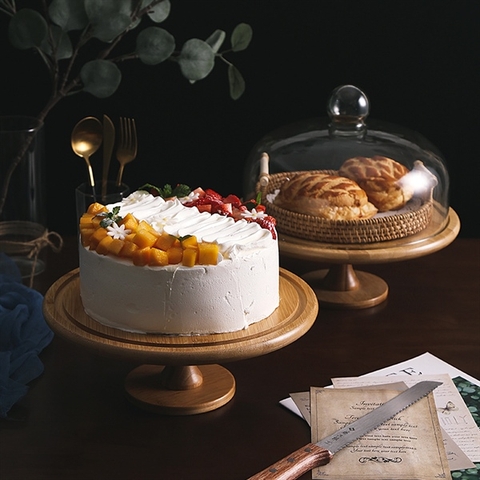 C24 Cakestand chân gỗ nắp thủy tinh size nhỏ 24*27cm