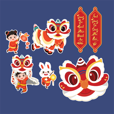 Set que giấy TT - Câu đối + bé múa lân thỏ đỏ