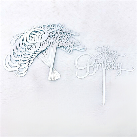 Topper mica Set 10 que HPBD chữ Hoa nét nhỏ gạch dưới BẠC (set 10c)