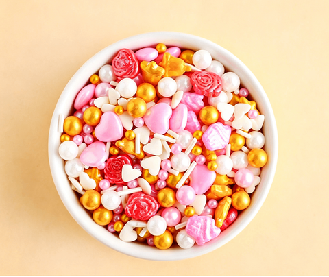 Cốm mix chuông + tim trắng, hồng hạt vàng - 100g