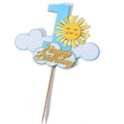 Que cắm 2 lớp ĐÁM MÂY XANH + SỐ 1 XANH + MẶT TRỜIchữ HPBD chữ nhũ vàng