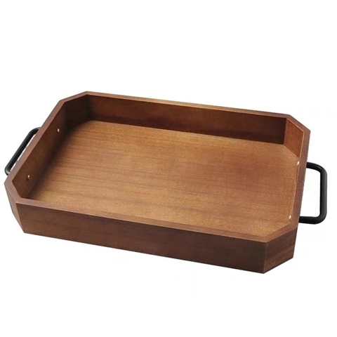 Khay gỗ vát cạnh có quai cầm nâu trầm size trung 23*35cm