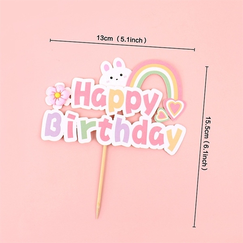 Que cắm chữ HPBD CẦU VỒNG+ HOA, THỎ chữ màu HỒNG