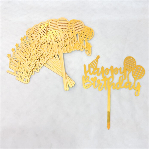 Topper mica Set 10 que HPBD bóng bay mũ sinh nhật VÀNG