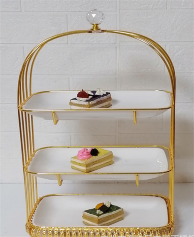 Cakestand lồng chim 3 tầng đĩa sứ CHỮ NHẬT