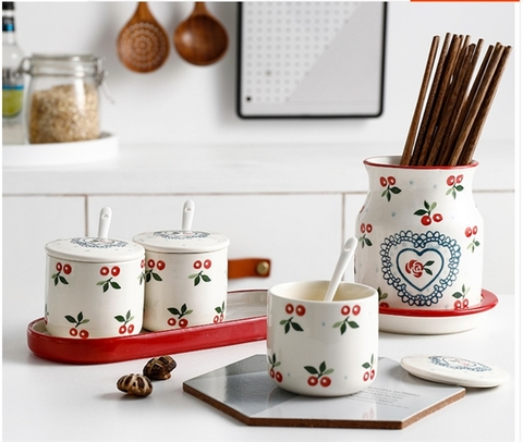 A79: Set hũ gia vị cherry 3 hũ kèm thìa khay sứ