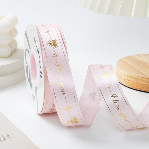 Rb I love you lụa hồng viền kim vàng 2,5cm*29m