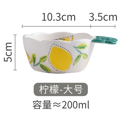 A120 bát chấm có tay cầm nơ họa tiết chanh size to 10*14*5cm