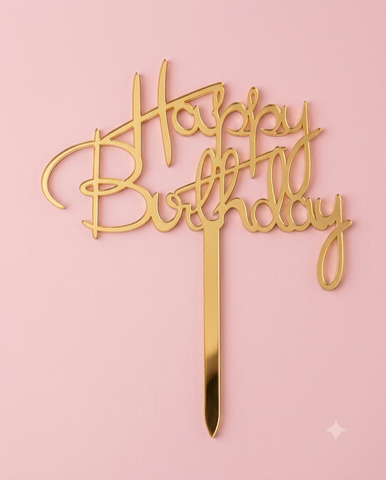 Topper mica HPBD chữ tròn cách điệu vàng