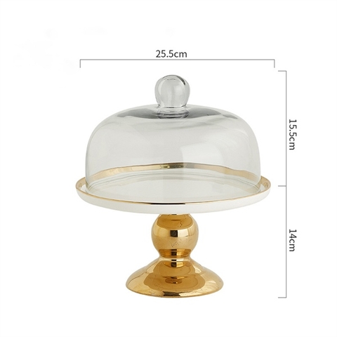 Cakestand nắp thuỷ tinh chân sứ VÀNG size 25cm