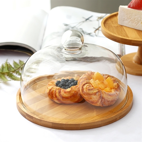 C29A Khay gỗ tròn nắp thủy tinh 29*19cm