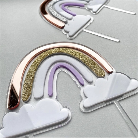 Topper mica 2 lớp CẦU VỒNG KIM TUYẾN VÀNG