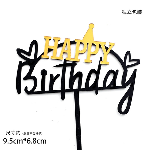 Set 10 topper mica HPBD tim mũ sinh nhật đen 2 lớp