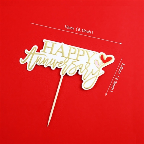 Que cắm Happy Anniversary trắng ép nhũ VÀNG