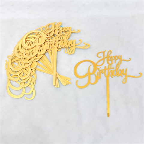 Topper mica Set 10 que HPBD chữ Hoa nét nhỏ gạch dưới VÀNG