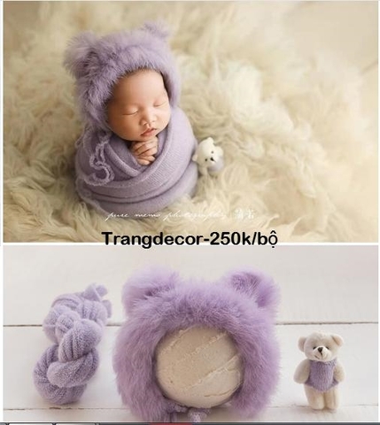 Khăn quấn newborn +gấu bông + mũ TÍM