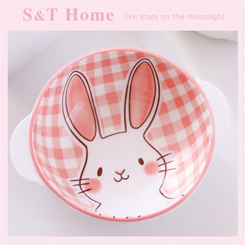 Bát thỏ kẻ hồng có tay cầm 16.2*13*5cm