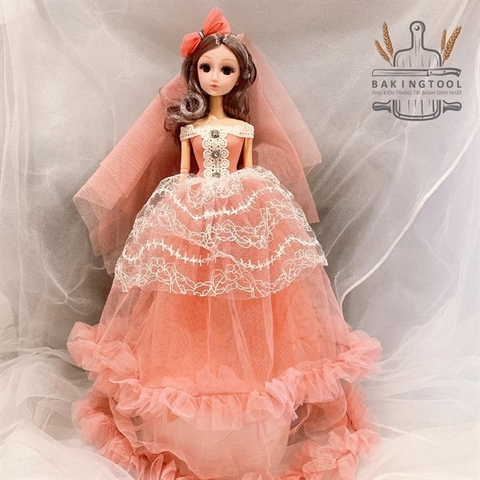 Búp bê váy HỒNG tóc dài+nơ( dài váy 40cm,bb cao 29cm)-SALE