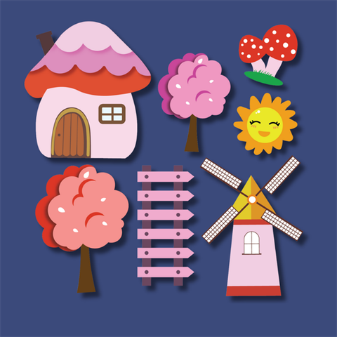 Set que giấy-Nhà nấm cối xay gió cây HỒNG (Combo 2)