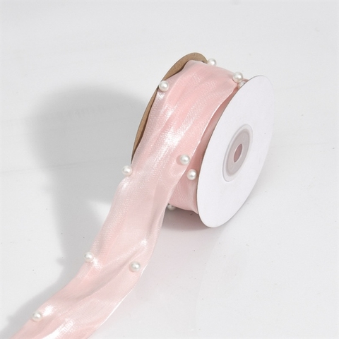 RB lụa 2 lớp ánh NHŨ đính hạt ngọc trai màu HỒNG 4.5M*4CM