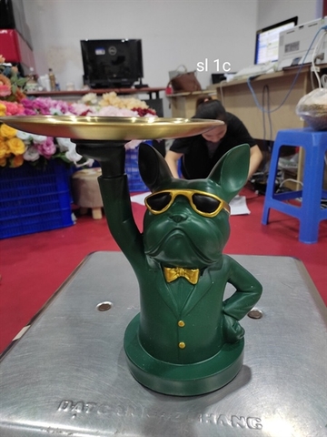 Trang trí chó XANH CỔ VỊT cầm khay CAO đeo kính