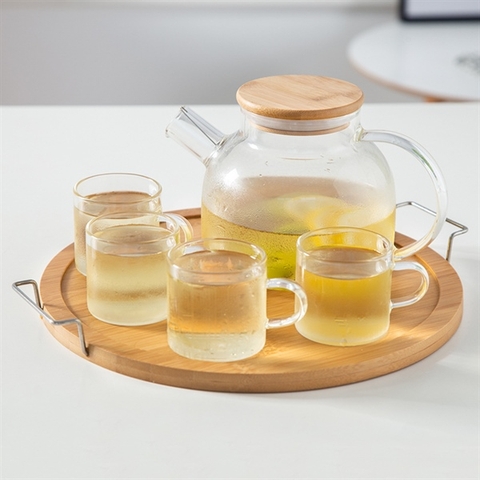 A60-Set bình trà thủy tinh 4 cốc kèm khay gỗ tre