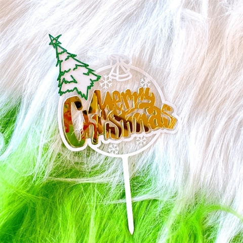 Topper mica MC Vòng tròn TRẮNG chữ VÀNG cây thông+nơ chuông trắng