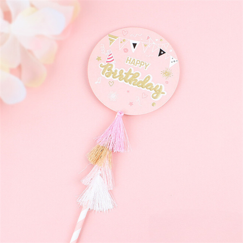 Biển hiệu hpbd tròn tua rua chữ nhũ vàng HỒNG