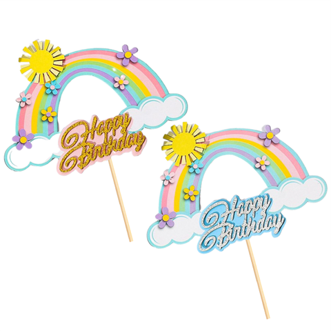 Que cắm 2 lớp CẦU VỒNG + MẶT TRỜI chữ HPBD nhũ vàng mix mẫu