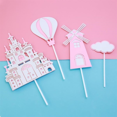 Que cắm Lâu đài Hồng + khinh khí cầu + cối xay gió + mây