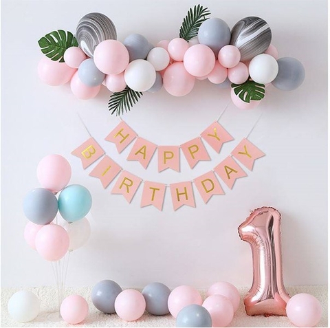 Set HPBD giấy + bóng HỒNG-TRĂNG-XANH-GHI LÌ+lá tròn-nhọn