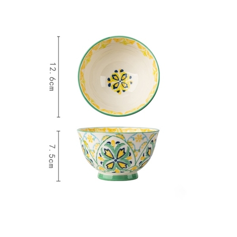 Bát vẽ tay 12cm - TRẮNG hoa xanh vàng