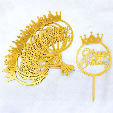 Topper mica Set 10 que HPBD tròn vương miện vàng mẫu mới