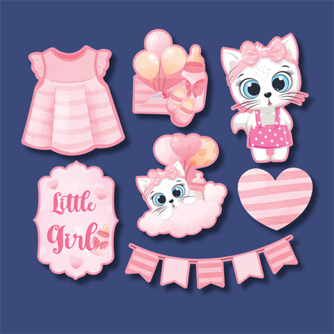 Set que giấy LITTLE GIRL mèo hồng cờ tim