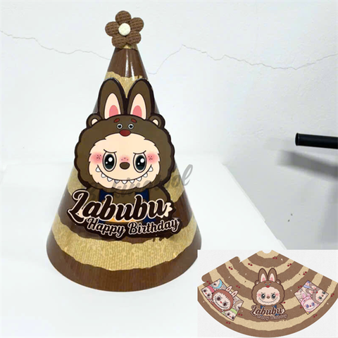 Mũ sinh nhật giấy- CHÓP HOA labubu NÂU (10c)