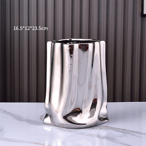 Bình hoa Bắc Âu dáng lụa BẠC 16,5*23,5cm