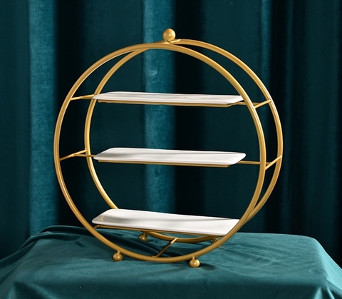 Khay bánh tròn 3 tầng đĩa sứ 40*16,5*43cm - VÀNG