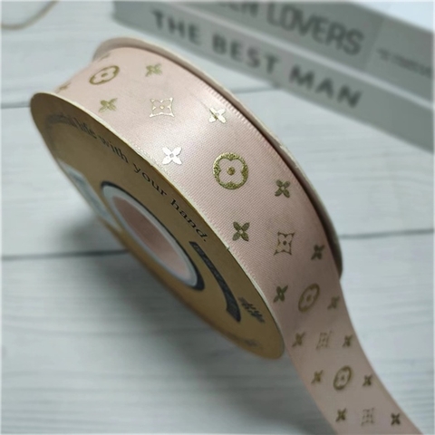 RB LV họa tiết ép nhũ VÀNG màu HỒNG ĐẤT khổ 2,5cm